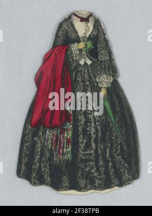 Imprimé, Costume de poupée en papier noir avec couverture rouge, 1876–80 Banque D'Images