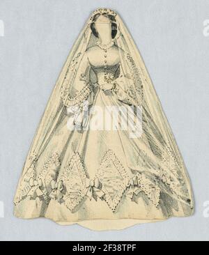 Imprimé, Costume de poupée en papier, robe voilée blanche, 1876–80 Banque D'Images