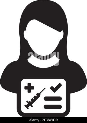 Vecteur d'icône de carte de vaccination avec avatar de profil de personne d'utilisateur femelle symbole de certificat médical et de santé dans un pictogramme de glyphe illustration Illustration de Vecteur