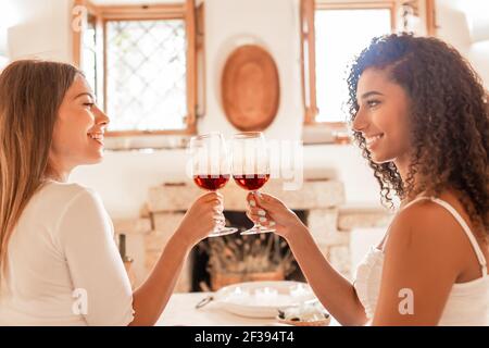 Charme, beauté et bonheur: Jeunes femmes multiraciales se couple de toasting avec du vin rouge regardant dans les yeux les uns les autres avec le soleil lumineux entrant dans la maison Banque D'Images