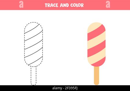 Trace et couleur crème glacée mignon de dessin animé. Jeu éducatif pour les enfants. Pratique de l'écriture et de la coloration. Illustration de Vecteur