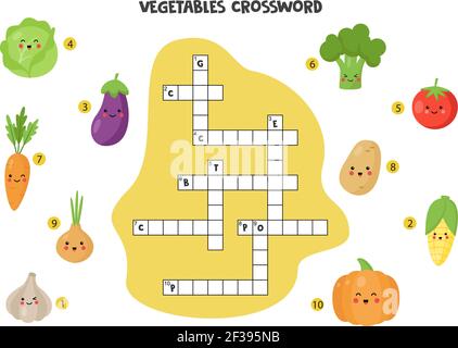 Puzzle à mots croisés pour les légumes pour les enfants. De jolis légumes souriants. Jeu éducatif pour les enfants. Illustration de Vecteur