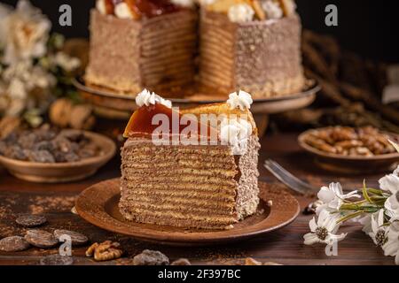 Gâteau Deliciouse à la crème au chocolat. Gâteau traditionnel hongrois de Dobos Banque D'Images