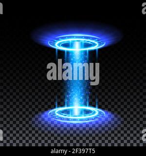 Portail hologramme bleu. Portail Magic FANTASY. Podium téléport cercle magique avec effet hologramme. Rayons lumineux vectoriels bleus avec étincelles sur transparent Illustration de Vecteur