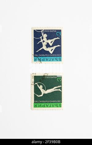 05.03.2021 Istanbul Turquie - Timbre utilisé et annulé. Vers 1969 timbre de bulgarie dédié au championnat du monde de gymnastique artistique à varna Banque D'Images