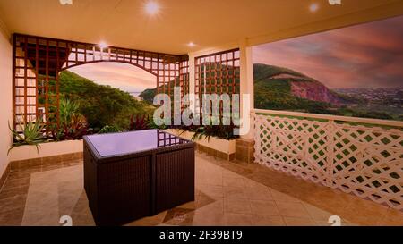 Vue panoramique sur Rodney Bay et Pigeon Island rom Flamboyant Villa à Sainte-Lucie, Caraïbes Banque D'Images