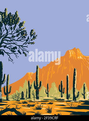 Affiche WPA du cactus saguaro ou de Carnegiea gigantea Dans Ironwood Forest National Monument une section montagneuse de la Désert de Sonoran en Arizona Illustration de Vecteur