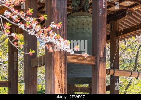 tokyo, japon - mars 18 2021: Piliers d'une tour de rivage bouddhiste avec une cloche de bonsho pendu entourant par des branches de cerisiers en fleurs dans le templ Zojoji Banque D'Images