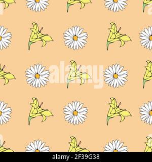 Motif floral sans couture sur fond noir pastel orange blanc jaune citron. Pâquerettes, lilas. Arrière-plan sans couture Illustration de Vecteur