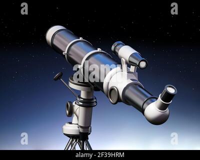 Télescope orienté vers le ciel sur fond de nuit. Illustration 3D. Banque D'Images