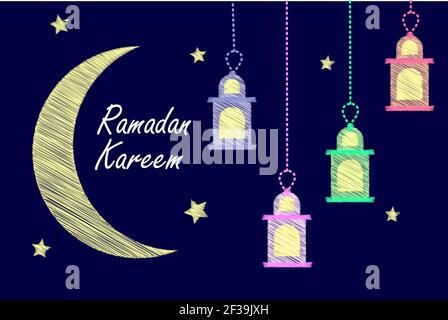 Carte de vœux de Ramadan à motif plat façon croquis Banque D'Images