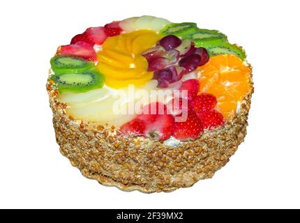 Gâteau aux fruits rond avec gelée, isolé sur fond blanc avec chemin de travail Banque D'Images