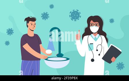 Virologue levé son index, un homme lave ses mains avec du savon. Le médecin vous avertit de la nécessité de vous laver les mains à fond. Autour d'eux est le virus KOVID-19 Vector, deux caractères homme, femme Illustration de Vecteur
