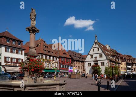 Obernai (nord-est de la France) : fontaine Sainte-Odile sur la place du marché et façades de maisons traditionnelles alsaciennes à colombages Banque D'Images