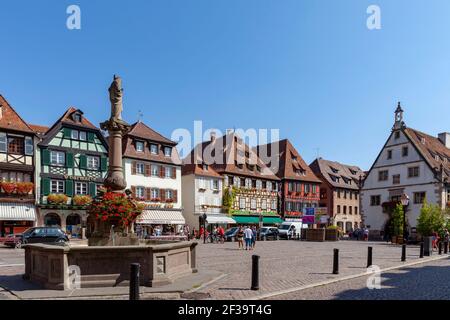 Obernai (nord-est de la France) : fontaine Sainte-Odile sur la place du marché et façades de maisons traditionnelles alsaciennes à colombages Banque D'Images