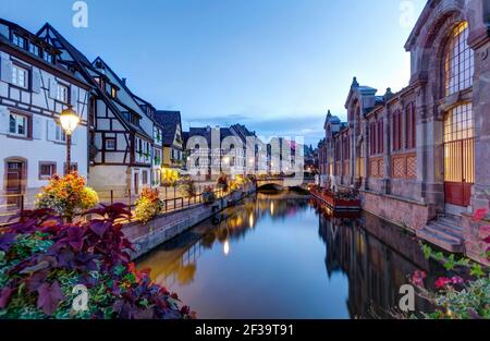 Colmar (nord-est de la France) : façades de maisons à colombages, maisons alsaciennes traditionnelles, et marché couvert le soir le long de la rivière Lauch i. Banque D'Images