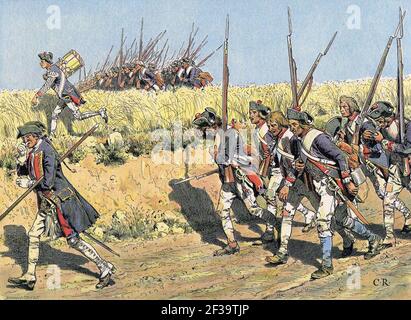 L'infanterie prussienne avance pour rencontrer l'armée russe avant la bataille de Zorndorf le 25 août 1758 dans le tableau de la guerre de sept ans par Carl Röchling. Banque D'Images