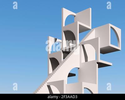 Escalier qui monte avec des blocs de cube et des arches reliés, installation architecturale blanche abstraite sous le ciel bleu par une journée ensoleillée. illustration du rendu 3d Banque D'Images