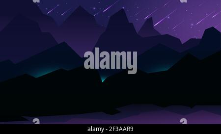 Paysage de nuit avec silhouettes sombres de montagnes et de ciel avec des étoiles illustration vectorielle. Illustration de Vecteur