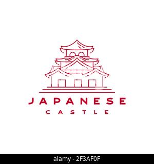 Vintage Hipster Japanese Castle Outline Line logo Design Illustration de Vecteur