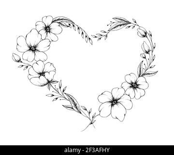 Dessin main contour coeur fleuri illustration avec éléments floraux, coeur fin de ligne art pour la fête des mères, Saint-Valentin ou mariages, floral noir Banque D'Images