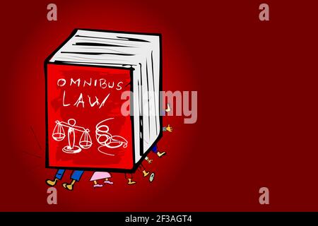 Vector for Commitcated and Unfair Omnibus Law, main dessiner Règlement Bigbook au-dessus du travail, à fond dégradé Illustration de Vecteur