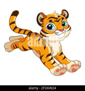 Petit tigre bondissant. Personnage de dessin animé. Illustration colorée isolée vectorielle. Pour l'impression et le design, les affiches, la création de pépinière, les cartes, les autocollants, salle d Illustration de Vecteur