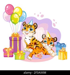 Deux jolis petits tigres de dessin animé avec ballons et boîtes de cadeau. Illustration vectorielle isolée. Pour carte postale, affiches, création de pépinière, carte de vœux, St Illustration de Vecteur