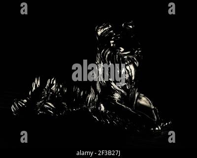 Statue en bronze d'un loup hurlant sur le côté du stand vue isolée sur fond blanc Banque D'Images