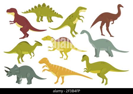 Ensemble isolé de dinosaures préhistoriques, collection de dinosaures de monstres animaux sauvages anciens Illustration de Vecteur