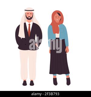 Couple d'hommes d'affaires à la mode musulmans, jeune homme arabe et femme debout ensemble Illustration de Vecteur