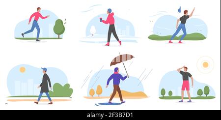 Les gens et quatre saisons en place, dessin animé jeune homme marchant en hiver été printemps automne Illustration de Vecteur