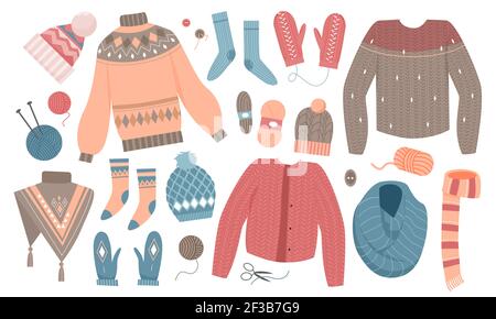 Ensemble de vêtements tricotés hiver, collection de pulls en laine avec pull-over foulard chaussettes Illustration de Vecteur