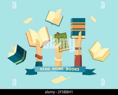 Mains avec des livres. Éducation concept intelligent les élèves lisent et tiennent des livres dans un fond vectoriel de bibliothèque dans un style plat Illustration de Vecteur