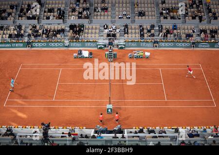 Aperçu de la Cour Philippe Chatrier lors de la finale des singles hommes de l'Open de France 2020, Paris, France, Europe. Banque D'Images