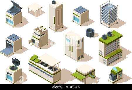 Équipement de boulangerie. Restaurant cuisine meubles tables de cuisson surface en acier fours à pâtisserie industrielle réfrigérateur vecteur isométrique. Équipement pour Illustration de Vecteur