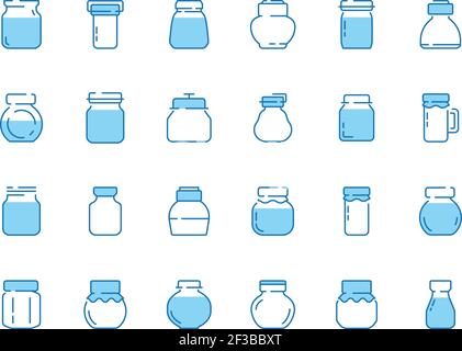 Icônes de ligne jar. Bouteilles pour bonbons confiture marmelade fraise avec étiquettes vector symbols collection Illustration de Vecteur