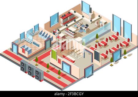 Intérieur du restaurant. Café cuisine hall toilettes et salle avec mobilier et équipement pour la fabrication de la conception isométrique vecteur alimentaire Illustration de Vecteur