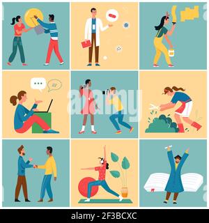 Personnes dans la routine de jour, ensemble d'activité quotidienne, homme actif femme couple, fille handicapée Illustration de Vecteur