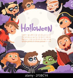 Cadre pour Halloween. Dessin animé arrière-plan effrayant avec les enfants en costumes d'halloween Happy Party invitation vecteur Illustration de Vecteur