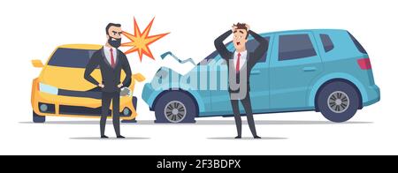 Accident de voiture. Des automobiles endommagées, des hommes en colère et effrayés. Homme d'affaires personnage vectoriel et voitures écrasées Illustration de Vecteur