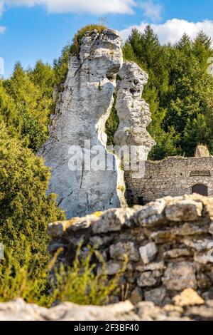 Podzamcze, Pologne - 25 août 2020 : roches calcaires entourant le château médiéval d'Ogrodzieniec, partie du sentier des nids d'Eagles à Cracovie-Czestochowa uplan Banque D'Images