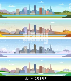 Quatre saisons. Paysage urbain temps de l'été hiver printemps et automne vecteur caricatures Illustration de Vecteur