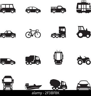 Pictogramme de transport. Voiture navire métro train yacht route symboles camion vue latérale transport silhouette Icon collection Illustration de Vecteur