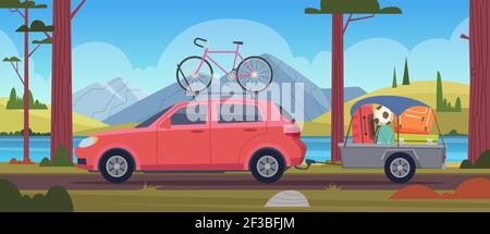 Vacances en voiture. Famille de voyageurs en voiture avec bagage aventure minibus vecteur dessin animé fond Illustration de Vecteur