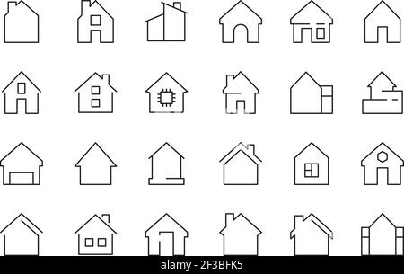 Icône Web d'accueil. Complexe de bâtiments garage chambre d'hôtel porte d'entrée vecteur lignes fines symboles Illustration de Vecteur