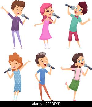 Chant des enfants. Joyeux mignon enfants musique voix étude garçons et filles debout avec des personnages de vecteur de microphone Illustration de Vecteur