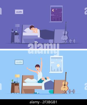 Réveillez-vous. Joyeux matin heureux dormir homme personne s'étirant dans le mauvais assis sur le matelas vecteur pacifiste personnages Illustration de Vecteur