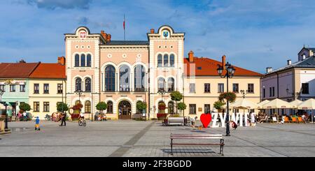 Zywiec, Pologne - 30 août 2020: Hôtel de ville avec des maisons de quartier colorées et panneau Zywiec sur la place du marché du centre-ville historique de Siles Banque D'Images