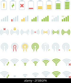 Icône de la barre d'état mobile. Niveaux de charge de la batterie GSM connexion wifi 5g vecteur couleur collection de symboles de l'interface utilisateur Illustration de Vecteur